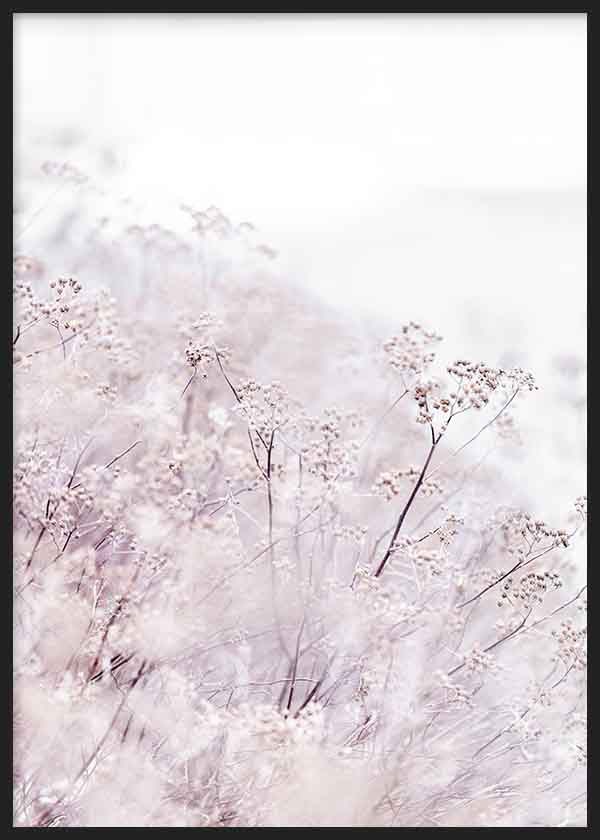 Quadro minimalista com flores silvestres em tons brancos e fundo etéreo, ideal para decorações nórdicas. Disponível em kudeko.com