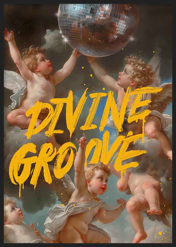 Quadro pop art com anjos renascentistas e bola de discoteca, com a frase « Divine Groove », estilo decorativo marcante. Disponível em kudeko.com