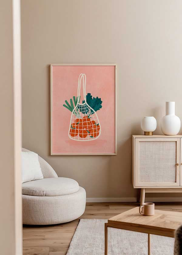 Cuadro ilustrado colorido bolsa de malla con naranjas y verduras de Bea Muller, kudeko.com
