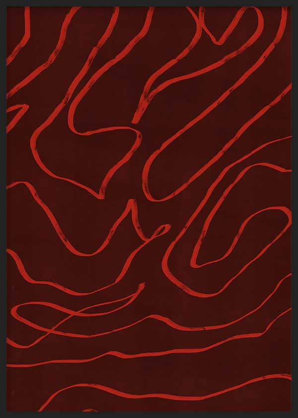 Quadro abstrato em bordô com linhas orgânicas vermelhas, estilo decorativo simples e contemporâneo. Disponível em kudeko.com