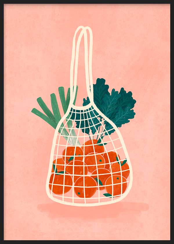 Cuadro ilustrado colorido bolsa de malla con naranjas y verduras de Bea Muller, kudeko.com
