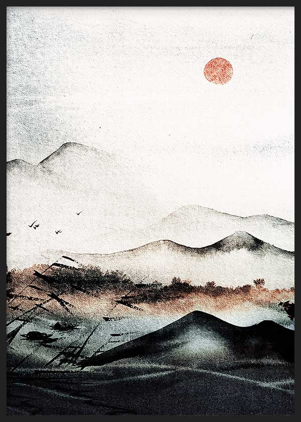Quadro japonês de paisagem com montanhas e sol vermelho, ambiente decorativo sóbrio. Disponível em kudeko.com