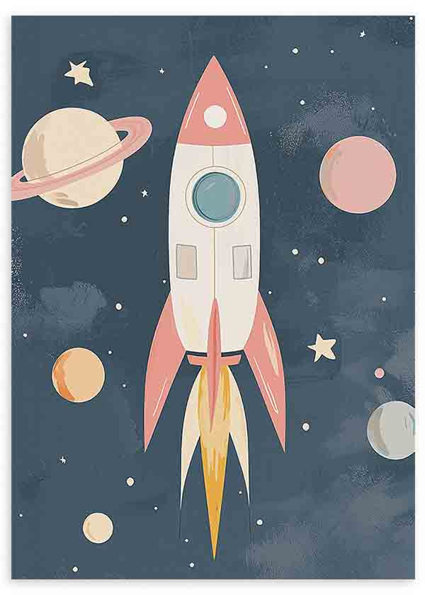 Quadro com foguete espacial branco e rosa, planetas em tons pastel, pequenas estrelas, fundo azul escuro e estilo infantil suave para quarto de bebé ou criança. Disponível em kudeko.com