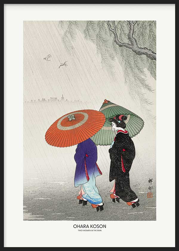 Tableau avec deux femmes japonaises sous la pluie, style Japandi, ambiance décorative épurée et tons doux. Disponible sur kudeko.com