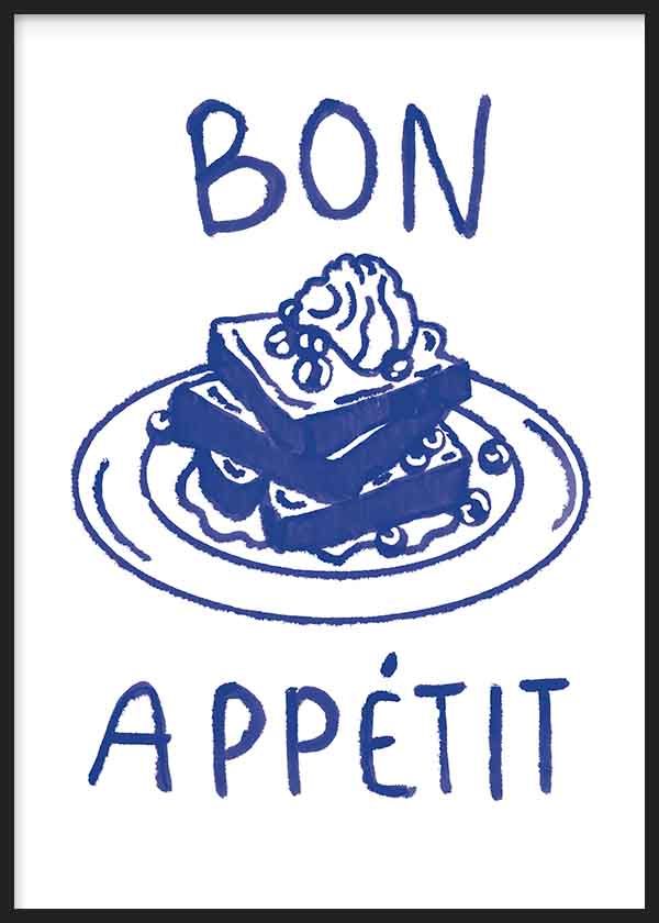 Tableau minimaliste 'Bon Appétit' avec un dessert. Disponible sur kudeko.com