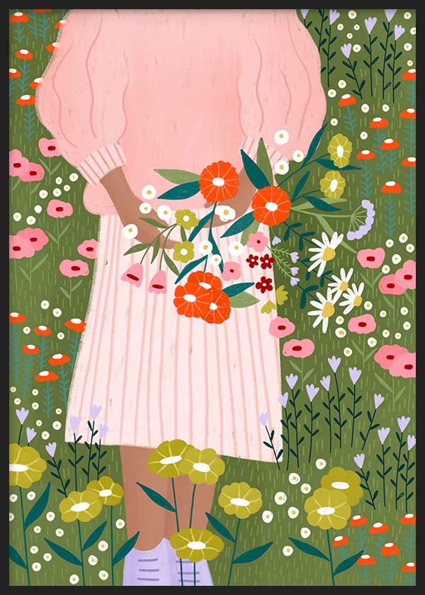 Cuadro ilustrado colorido mujer con ramo de flores en prado de Bea Muller, kudeko.com
