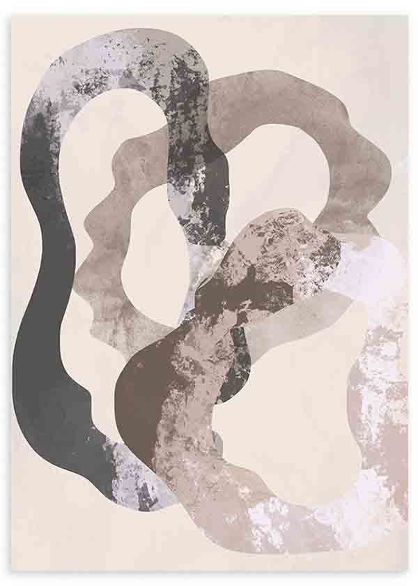 Quadro com formas abstratas orgânicas entrelaçadas em bege, cinzento taupe, preto suave e branco pérola, de estilo contemporâneo e depurado para decoração de parede. Disponível em kudeko.com