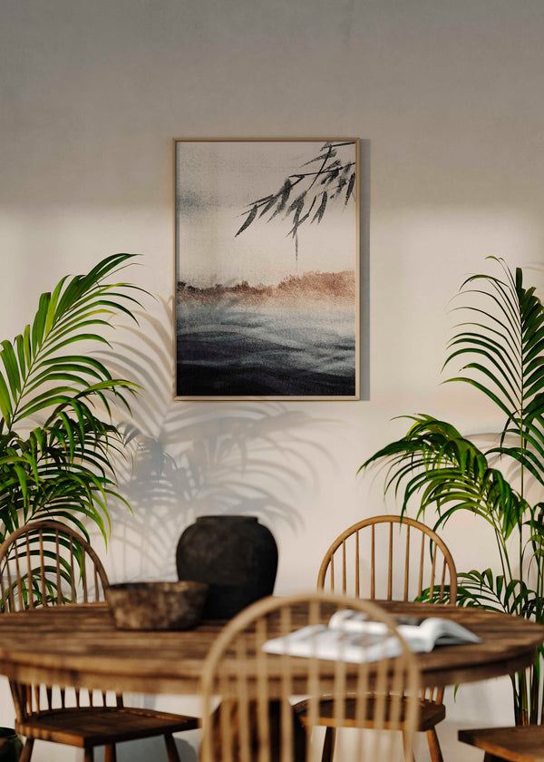 Cuadro japonés minimalista con bambú y paisaje acuático, kudeko.com
