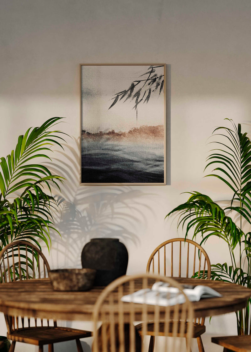 Cuadro japonés minimalista con bambú y paisaje acuático, kudeko.com

