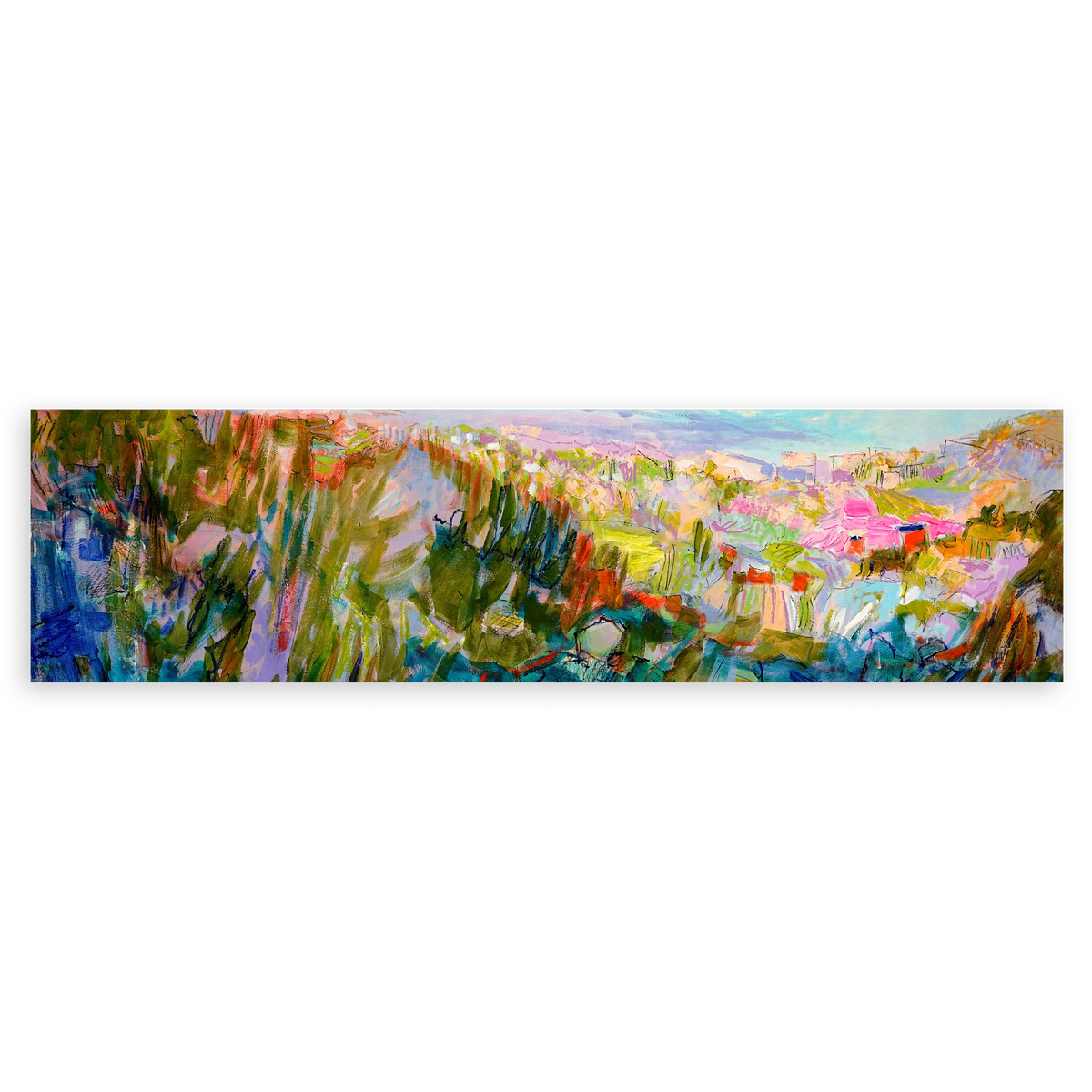 Cuadro horizontal abstracto de paisaje vibrante. Disponible en kudeko.com