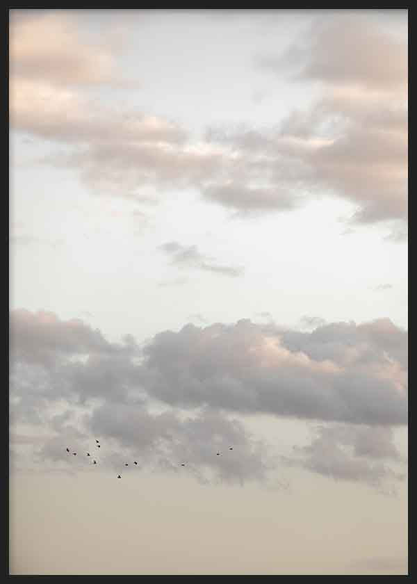 Cuadro fotográfico con cielo nuboso en tonos suaves y aves en vuelo, evocando calma y libertad. Disponible en kudeko.com.

