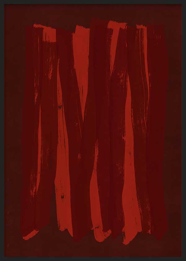 Cuadro abstracto burdeos y rojo con franjas verticales irregulares, kudeko.com
