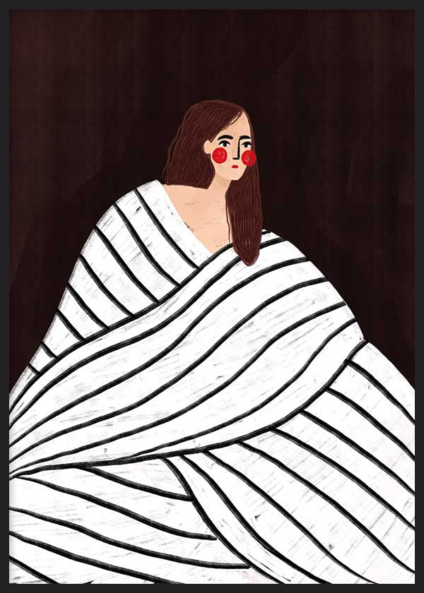 Farbig illustriertes Wandbild einer Frau, gehüllt in einen weißen Mantel mit schwarzen Streifen, von Bea Muller. Erhältlich auf kudeko.com