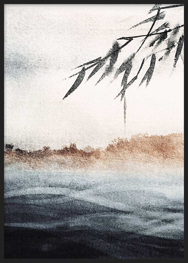 Tableau japonais minimaliste avec bambou et paysage aquatique, ambiance décorative apaisante aux tons naturels et équilibrés. Disponible sur kudeko.com