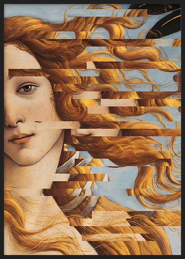 Surrealistisches Wandbild der Venus von Botticelli mit Glitch-Effekt, erhältlich auf kudeko.com. Erhältlich auf kudeko.com