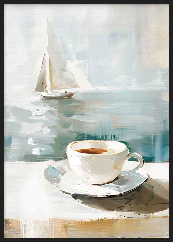 Tableau minimaliste d'une tasse de café et d'un paysage nautique. Disponible sur kudeko.com
