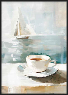 Minimalistisches Wandbild mit einer Tasse Kaffee und einer maritimen Landschaft. Verfügbar auf kudeko.com