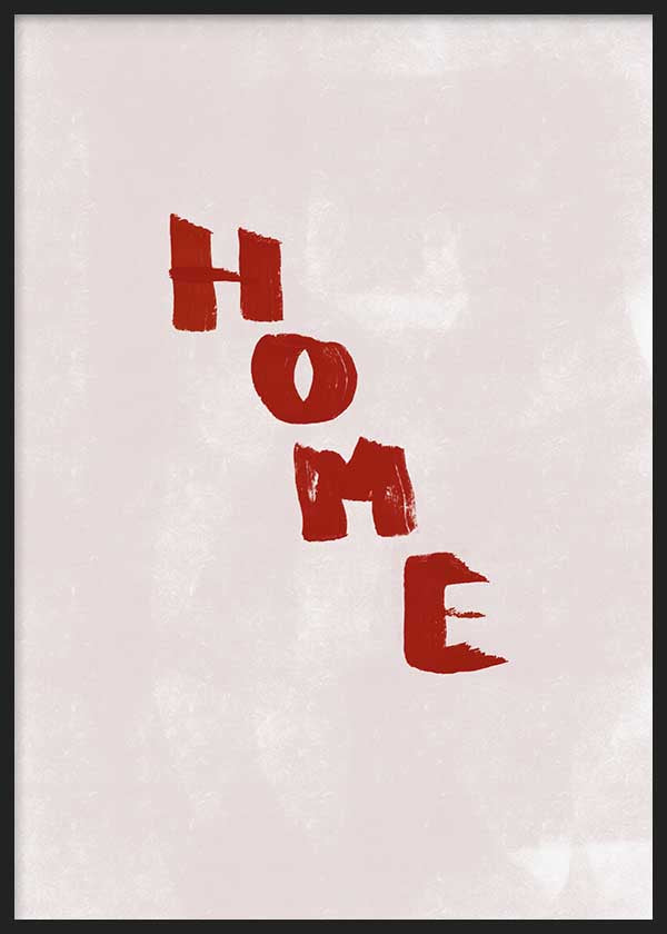 Cuadro con la palabra HOME en letras burdeos sobre fondo beige, kudeko.com
