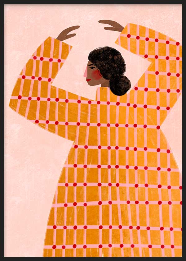 Cuadro ilustrado colorido mujer con vestido geométrico amarillo y rojo de Bea Muller, kudeko.com
