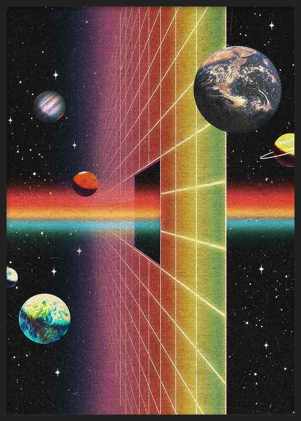 Quadro futurista surrealista com planetas, estrutura geométrica e luzes néon em tons de arco-íris. Disponível em kudeko.com