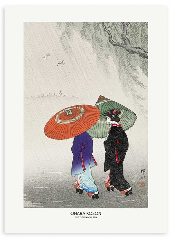 Cuadro con dos mujeres japonesas bajo la lluvia estilo Japandi, kudeko.com
