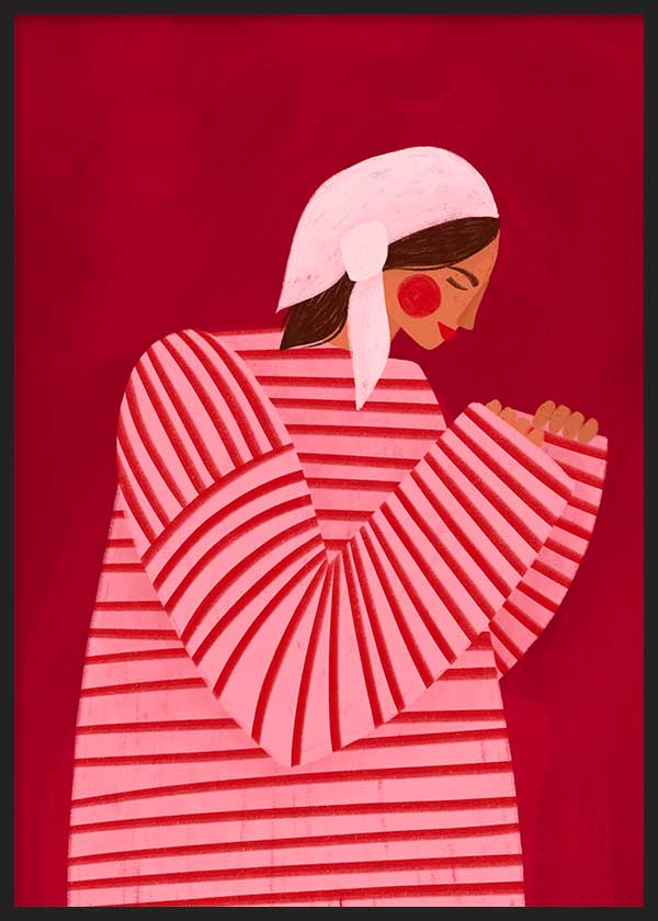 Cuadro ilustrado colorido mujer con pañuelo blanco y camisa de rayas rojas de Bea Muller, kudeko.com
