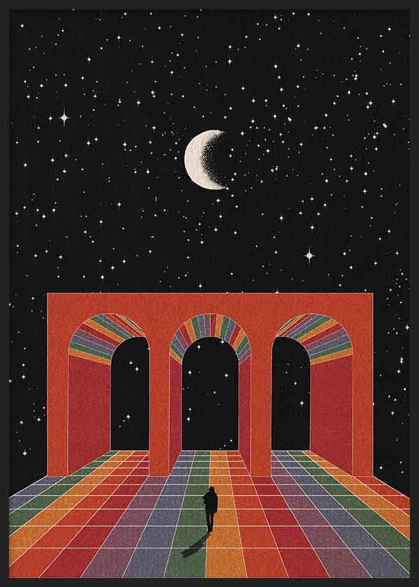 Quadro futurista surrealista com arco arquitetónico, céu estrelado e chão multicolorido, disponível em kudeko.com. Disponível em kudeko.com