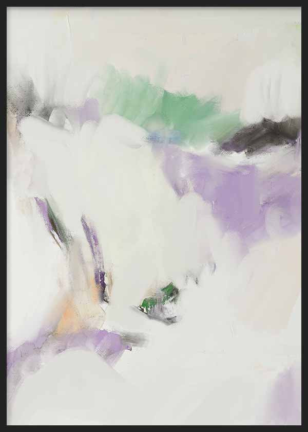 Cuadro abstracto en blanco, lavanda y verde con composición etérea y suave, kudeko.com
