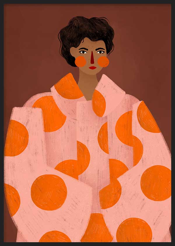 Cuadro ilustrado colorido con retrato femenino y abrigo rosado con círculos naranjas, obra de Bea Muller, kudeko.com
