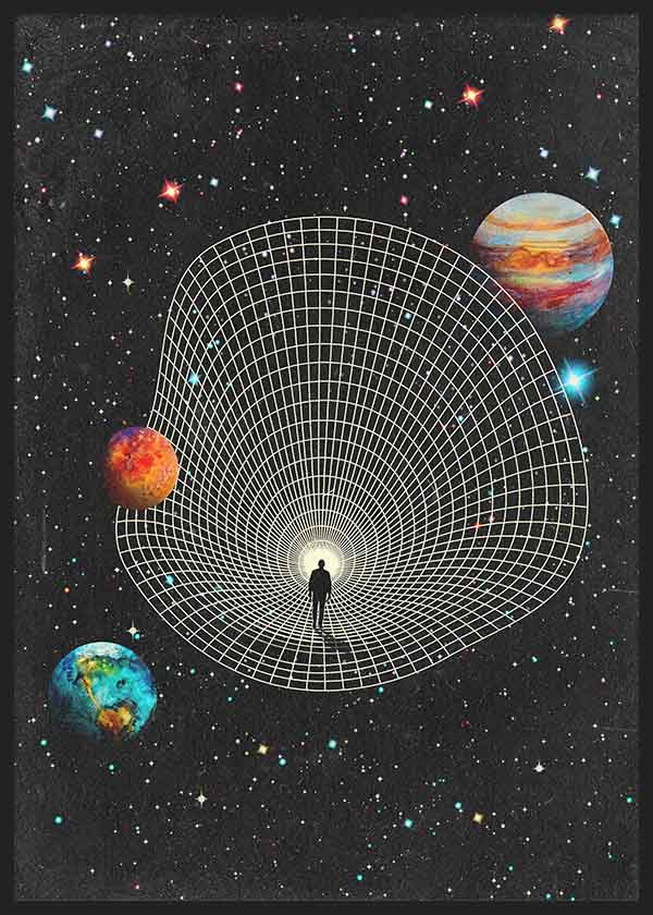 Surrealistisches Wandbild mit menschlicher Figur, die in eine kosmische Singularität eintritt, umgeben von Planeten und Sternen, mit abstrakter Weltraumstimmung. Erhältlich auf kudeko.com