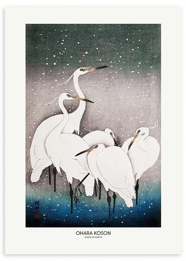 Quadro com grupo de garças brancas sob a neve, estilo Japandi, ambiente simples e decorativo. Disponível em kudeko.com