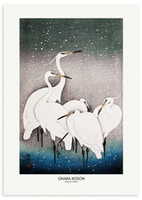 Cuadro con grupo de garzas blancas bajo la nieve estilo Japandi, kudeko.com
