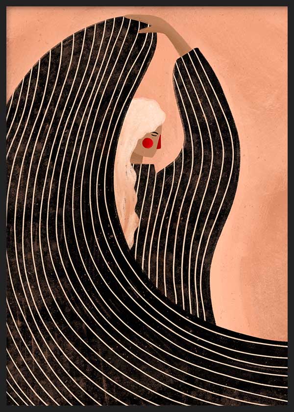 Quadro ilustrado colorido de mulher com manto preto, estilo decorativo contemporâneo de Bea Muller. Disponível em kudeko.com