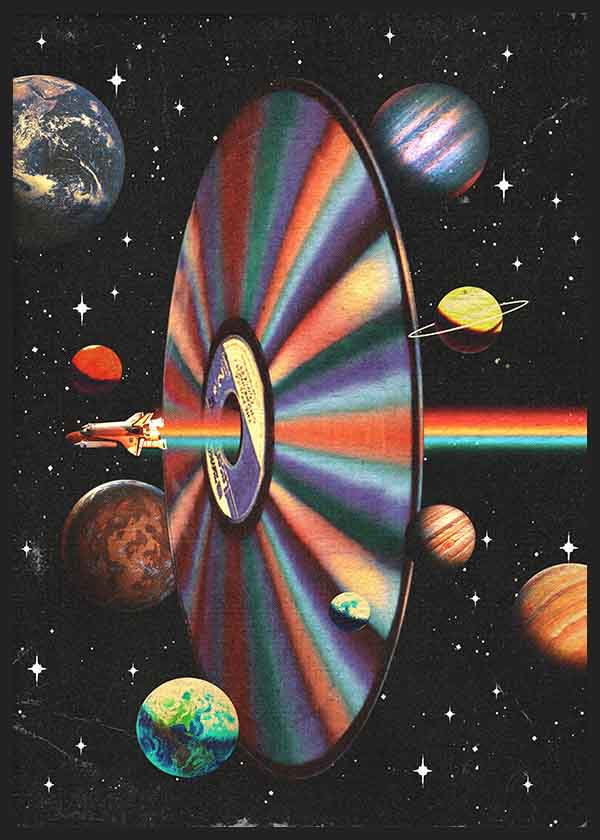 Tableau surréaliste avec disque optique dans l’espace, vaisseau spatial et planètes, disponible sur kudeko.com. Disponible sur kudeko.com