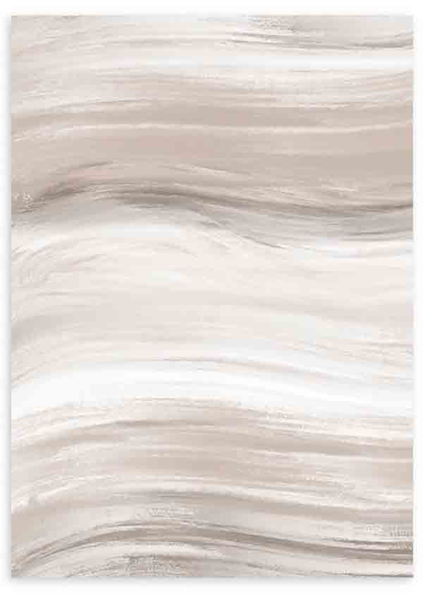 Tableau encadré avec composition abstraite de formes ondulées en beige, sable, blanc et gris clair, dans un style abstrait serein et équilibré. Disponible sur kudeko.com