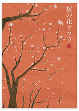 Cuadro japonés con ramas de cerezo en flor sobre fondo terracota, kudeko.com
