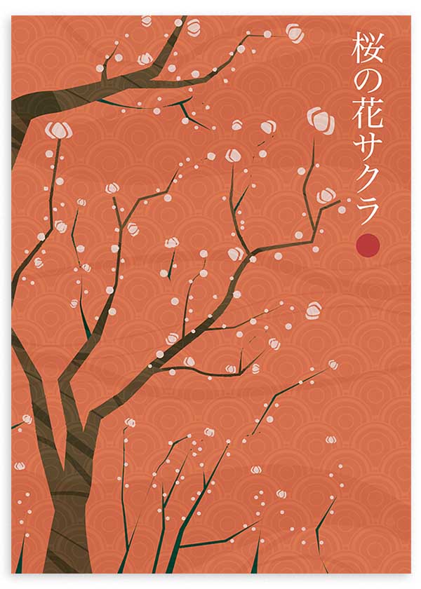 Cuadro japonés con ramas de cerezo en flor sobre fondo terracota, kudeko.com
