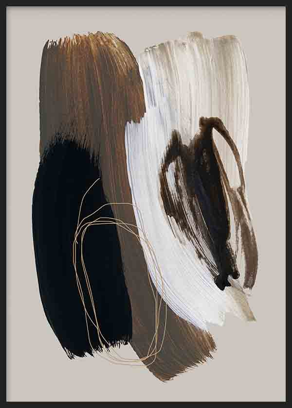 Quadro abstrato em tons neutros, preto e bege com traços orgânicos, ideal para uma decoração de parede contemporânea. Disponível em kudeko.com