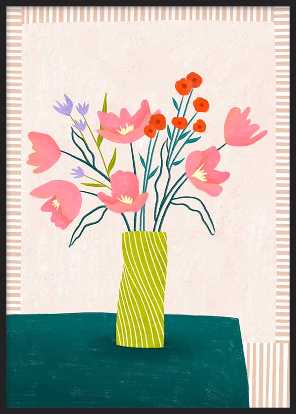 Cuadro ilustrado colorido jarrón verde con flores rosas y lilas de Bea Muller, kudeko.com
