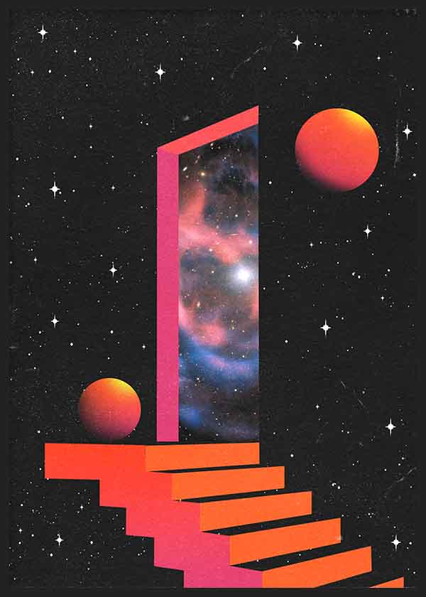 Tableau surréaliste avec escalier et porte cosmique sur fond de galaxie, ambiance décorative moderne et mystérieuse. Disponible sur kudeko.com