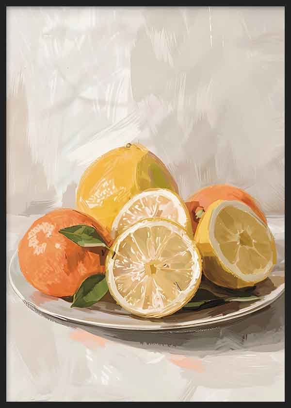 Quadro quadrado colorido com laranjas e limões disponível em kudeko.com