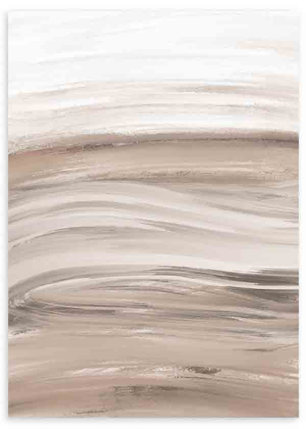Quadro com composição abstrata de faixas onduladas em bege, areia, cinzento taupe e branco pérola, com um estilo sereno, equilibrado e contemporâneo. Disponível em kudeko.com