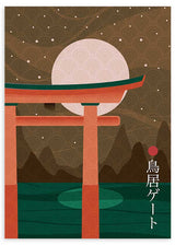 Cuadro japonés con torii y luna llena sobre cielo estrellado, kudeko.com

