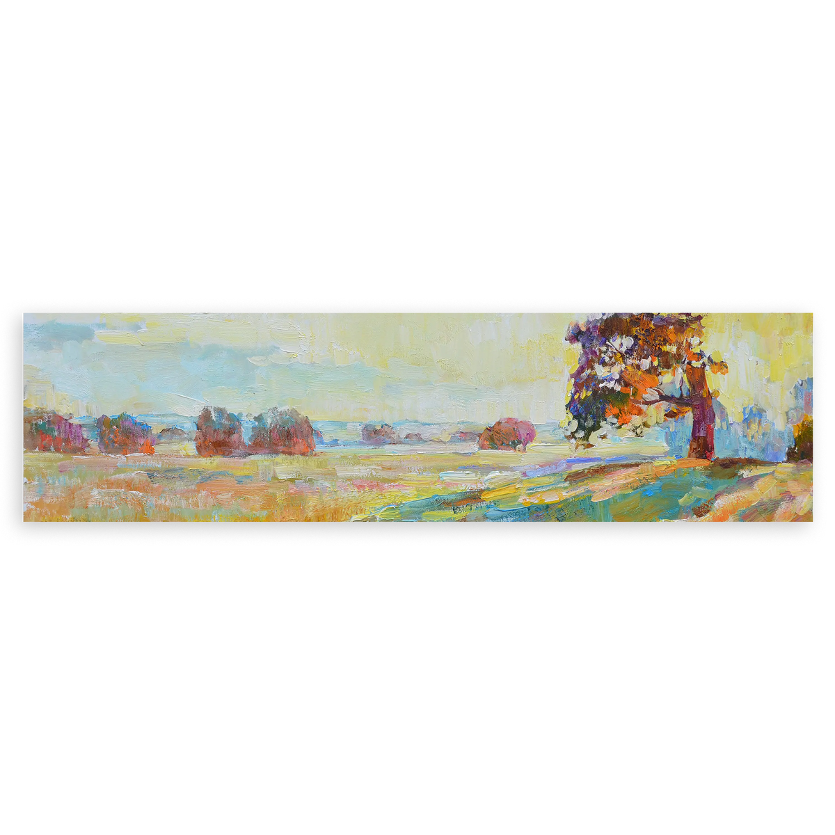 Cuadro horizontal abstracto que evoca la serenidad de un amanecer en el campo. Disponible en kudeko.com
