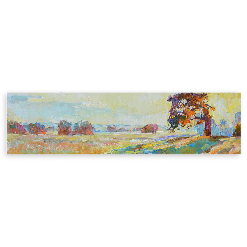 Cuadro horizontal abstracto que evoca la serenidad de un amanecer en el campo. Disponible en kudeko.com