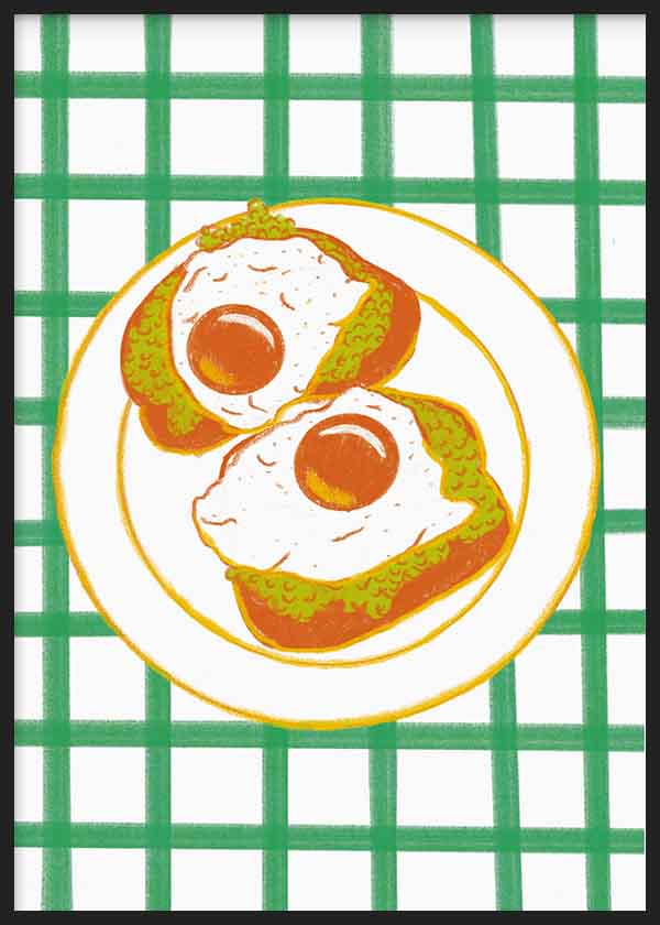 Cuadro colorido que representa un desayuno salado con huevos. Disponible en kudeko.com