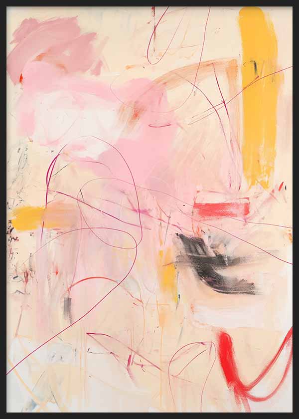 Cuadro abstracto dinámico con trazos rosa, mostaza y negro, kudeko.com
