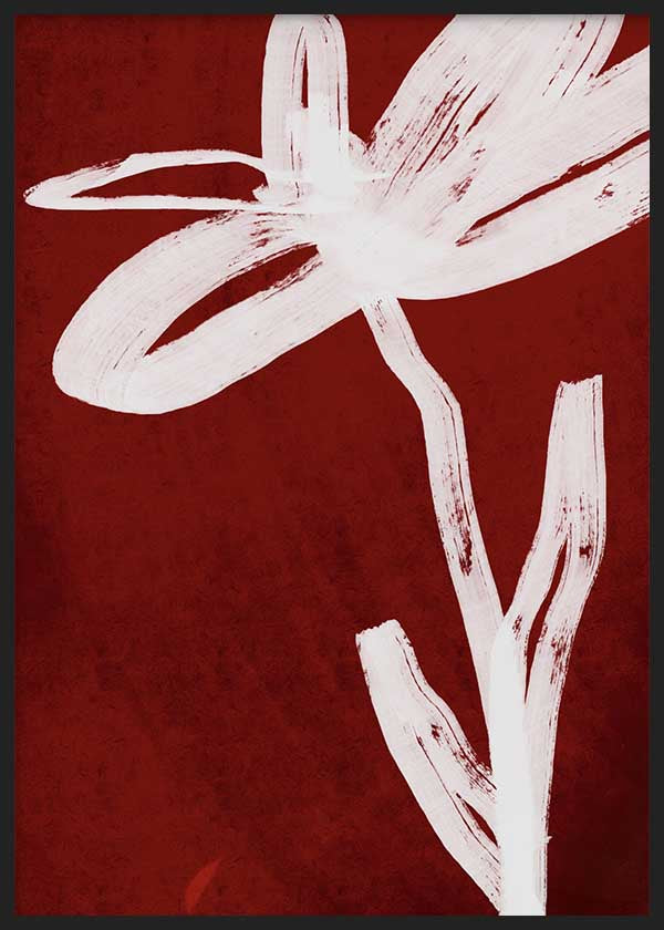 Tableau floral minimaliste avec fleur blanche sur fond bordeaux, style épuré et décoratif pour intérieur contemporain. Disponible sur kudeko.com