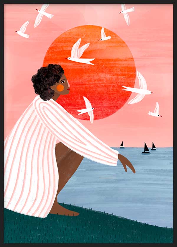 Cuadro ilustrado colorido mujer frente al mar con sol naranja y gaviotas de Bea Muller, kudeko.com

