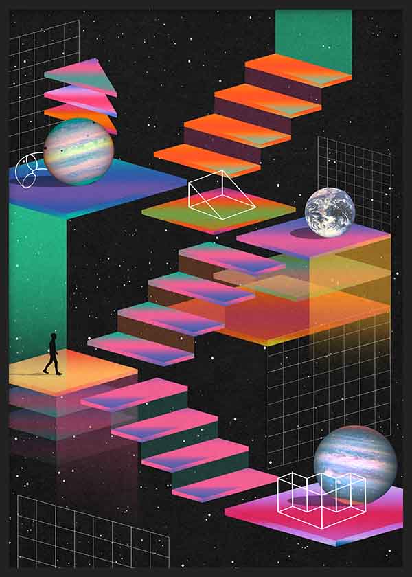 Surrealistisches Wandbild mit schwebenden Treppen im Weltraum und Planeten, traumhafte Komposition in dunklen Tönen mit moderner dekorativer Wirkung. Erhältlich auf kudeko.com